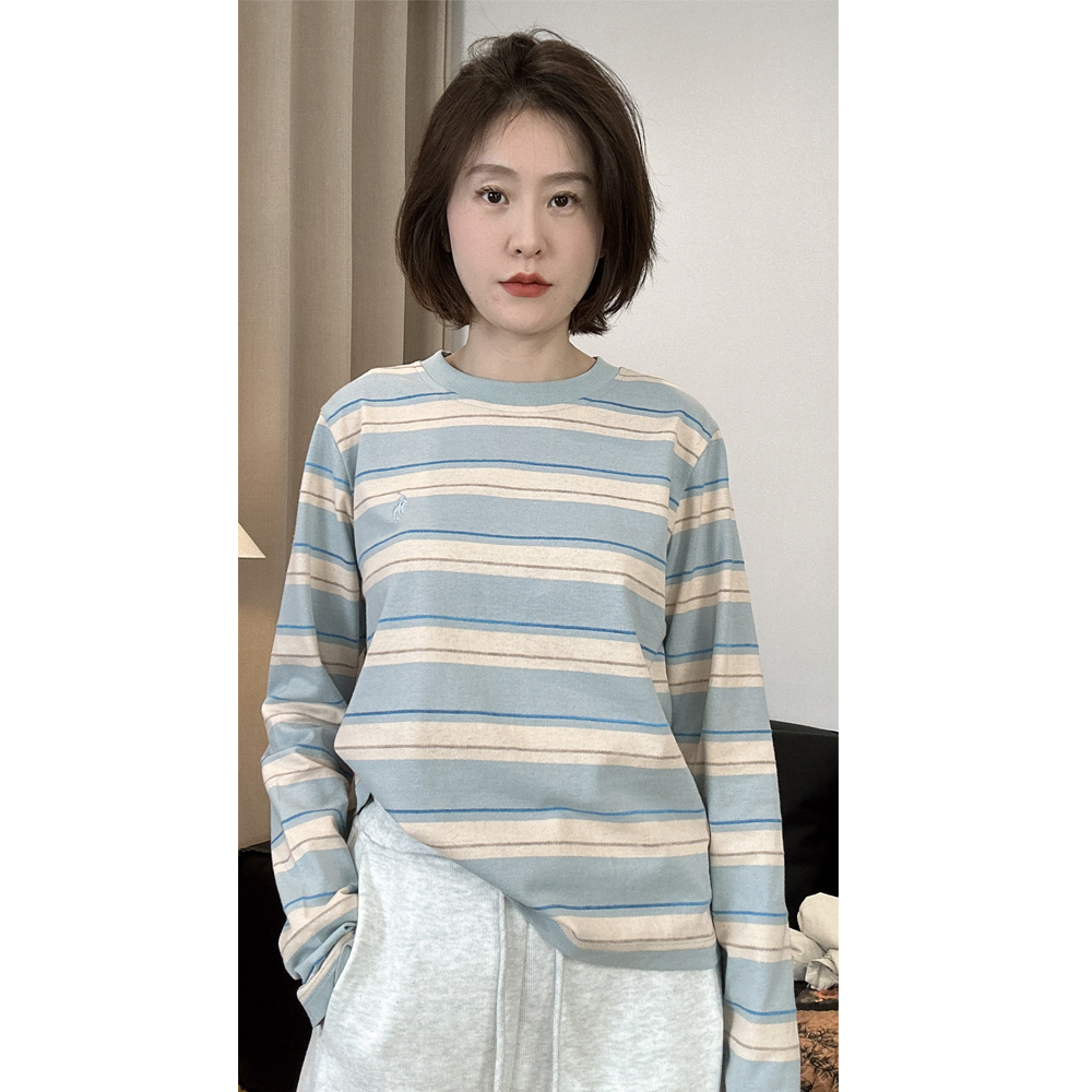 【蓝色多瑙河】立体纯棉条纹彩色拼接长袖T恤