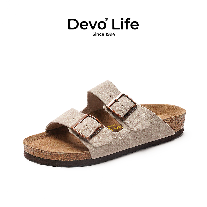 Devo/的沃勃肯鞋女款软木鞋舒适情侣绒面透气搭扣一字拖鞋2618