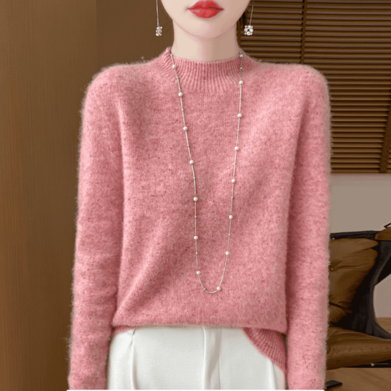 100%纯羊毛衫女半高领套头宽松针织衫秋冬新款洋气花纱加厚毛衣