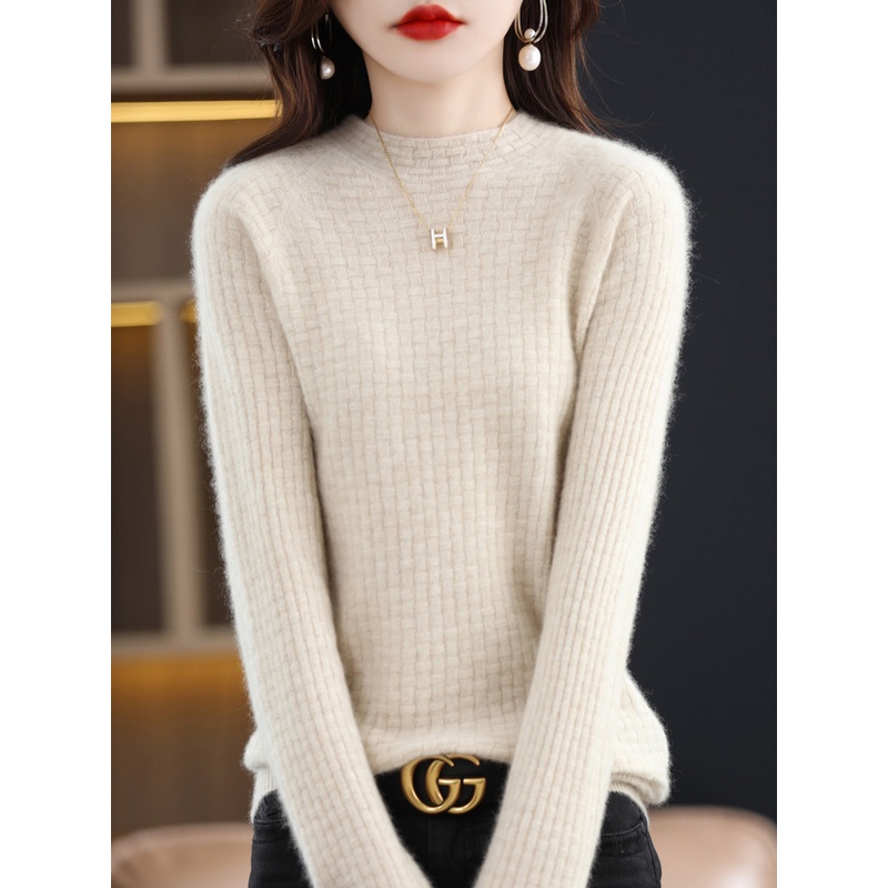 秋冬新款100%纯羊毛衫女半高领套头针织打底衫时尚纯色宽松毛衣