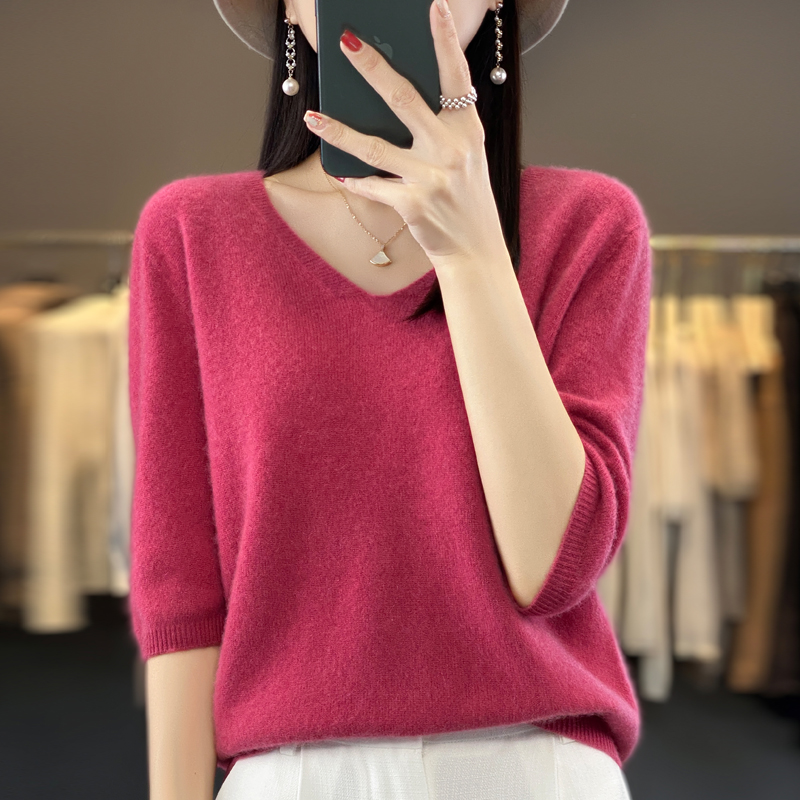 五分袖100%纯羊毛针织短袖打底衫女2024春秋新款V领宽松套头毛衣
