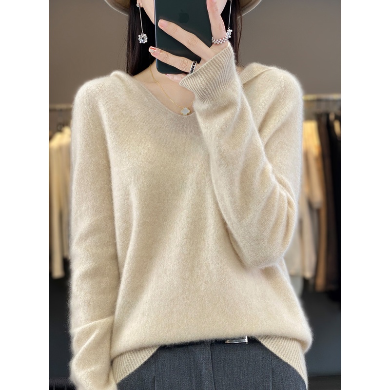 一线成衣100纯羊毛帽衫女V领套头宽松休闲连帽卫衣秋冬纯色打底衫