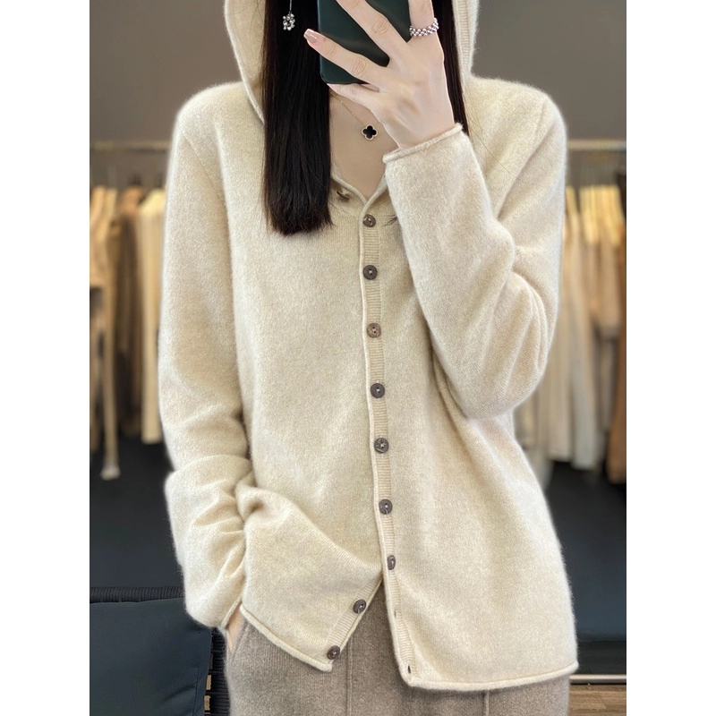 【一线成衣】100%纯羊毛开衫女连帽宽松休闲毛衣秋冬新款长袖打底衫