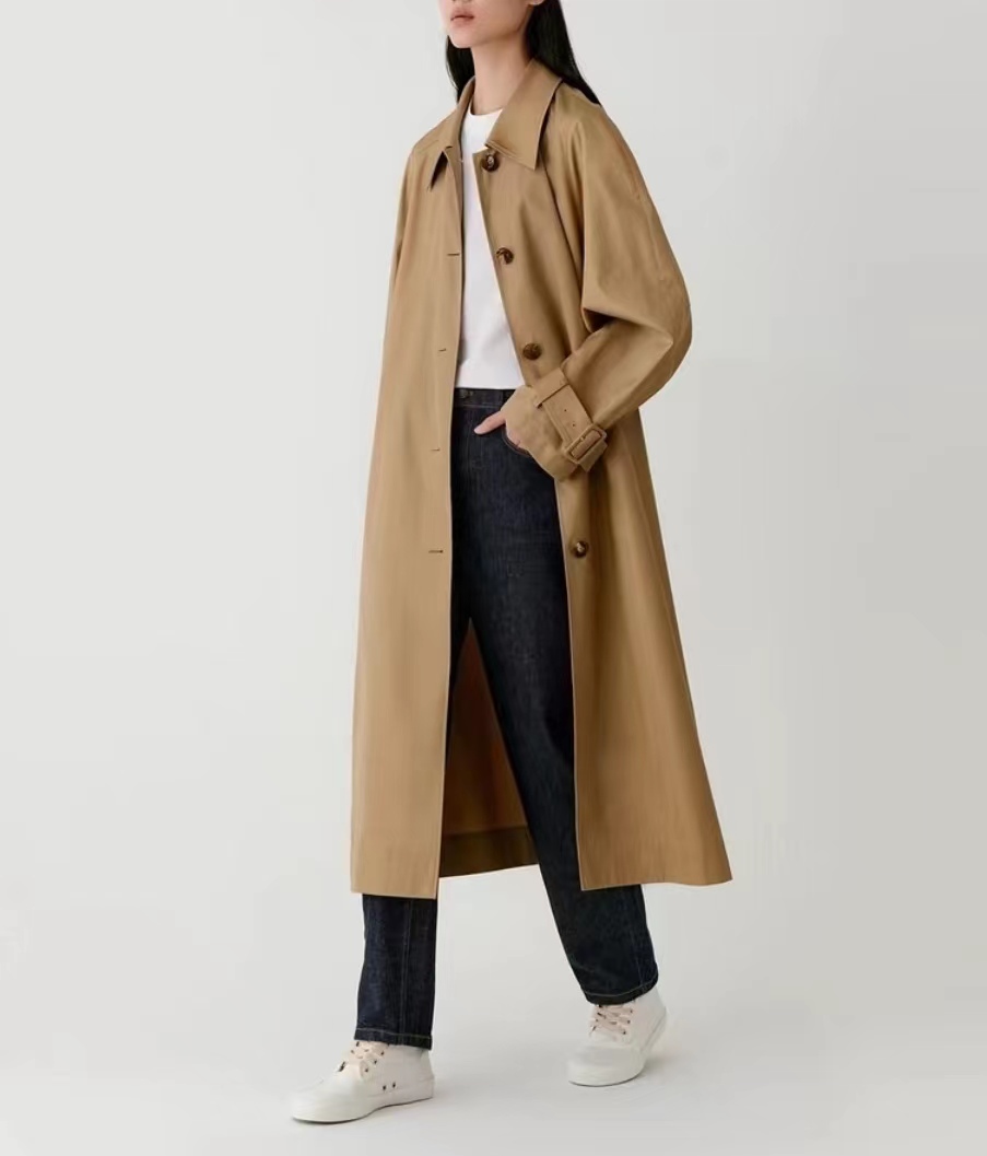 小禾早春全棉精梳斜纹宽松长风衣气质休闲百搭女士收腰中长款