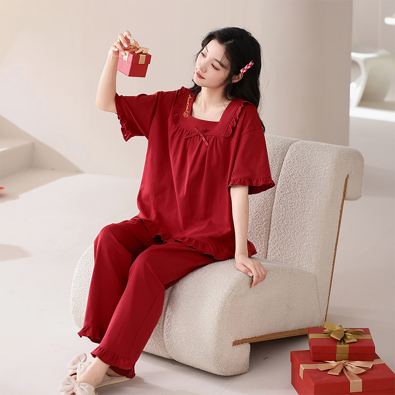睡衣女夏季莱卡纯棉短袖红色本命年结婚2025新款公主风家居服套装