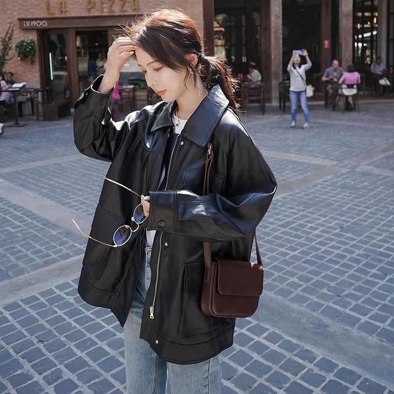 大码女装L秋冬皮衣外套宽松2023年秋冬新款韩版帅气机车皮夹克爆