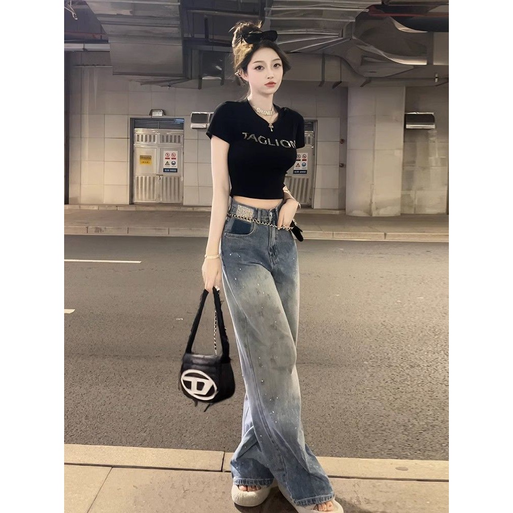 高腰窄版直筒牛仔裤女2023秋季新款渐变色裤子女小众设计感拖地裤