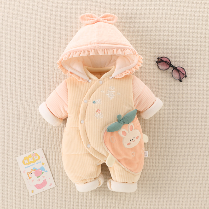 婴儿连体衣秋冬加厚套装新生儿带帽棉服男女宝宝外出抱衣保暖哈衣