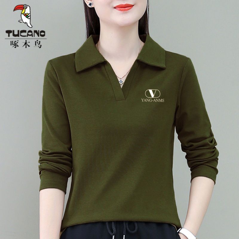 啄木鸟正品春秋时尚洋气中年长袖翻领上衣百搭显瘦韩版休闲t恤女