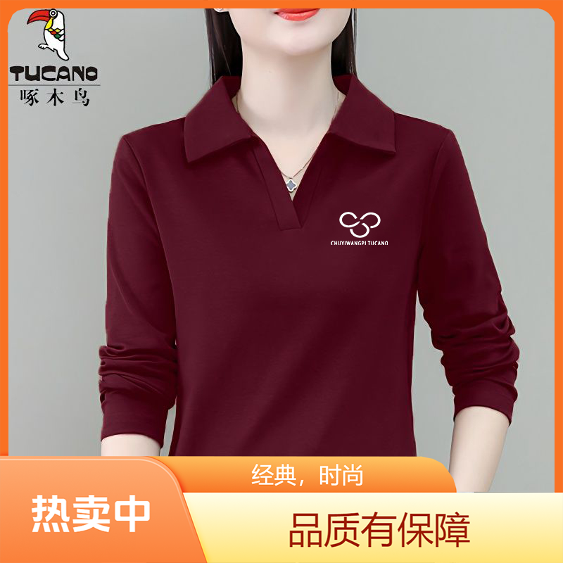 啄木鸟品牌休闲翻领POLO衫洋气妈妈装春秋长袖女t恤时尚打底上衣