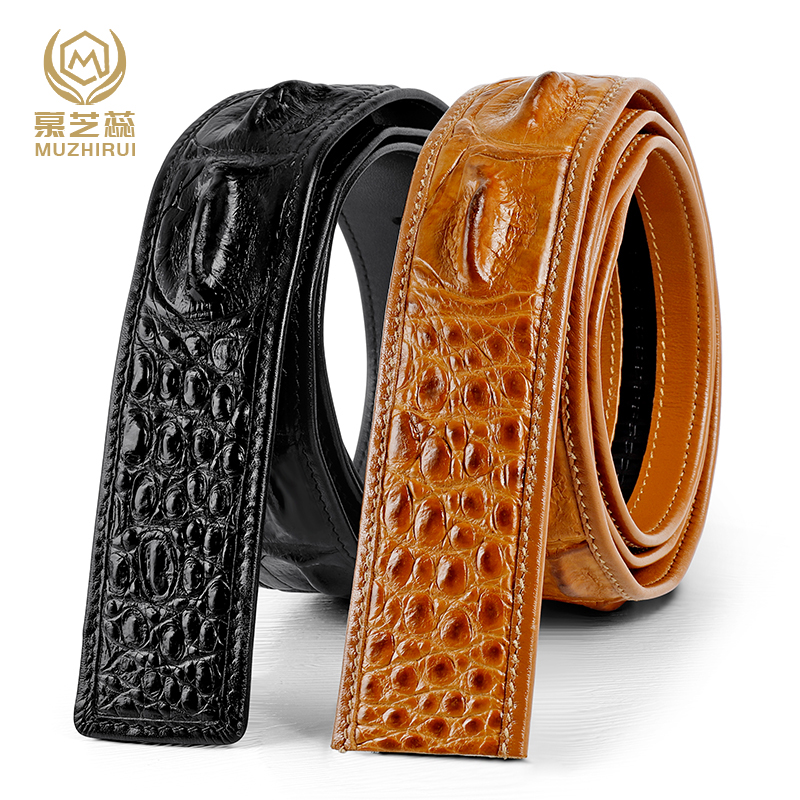 慕芝蕊无头湾鳄皮单骨皮带男士自动扣百搭高档真皮腰带潮流奢侈品