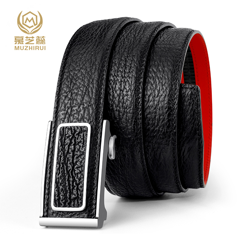 慕芝蕊无拼接鲨鱼皮不锈钢自动扣红腰带时尚真皮皮带高档男士皮带