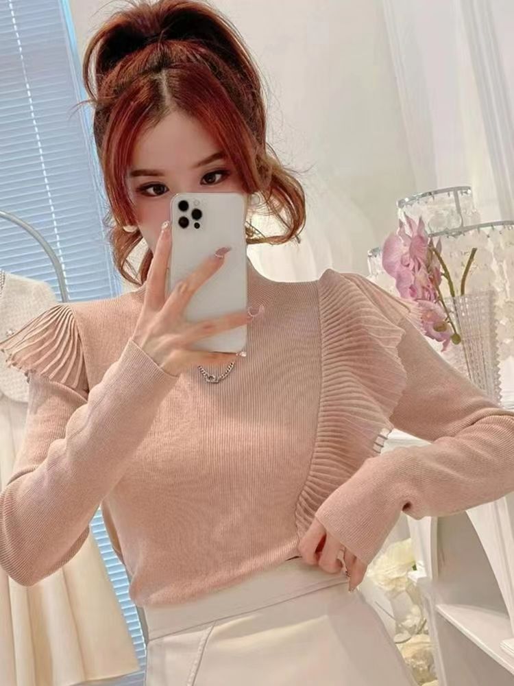 荷叶边拼接甜美风针织打底衫秋冬新款修身显瘦内搭舒适毛衣女