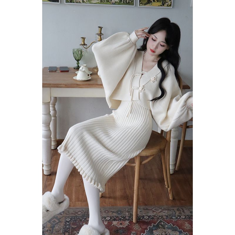 秋季女装名媛风外套毛衣开衫+针织吊带连衣裙小香风毛衣开衫套装