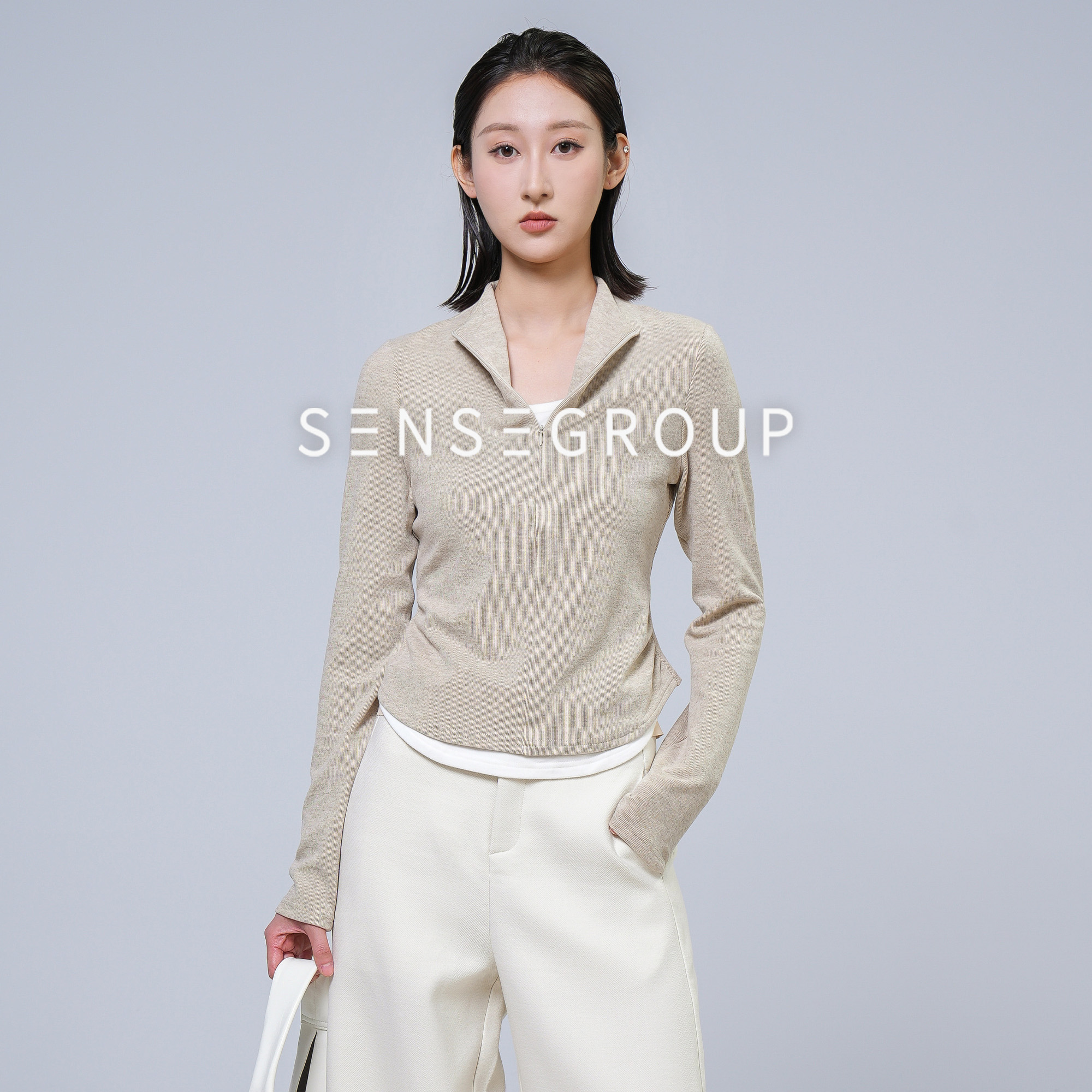 拾尚共合「依依」假两件长袖T恤女修身撞色简约上衣