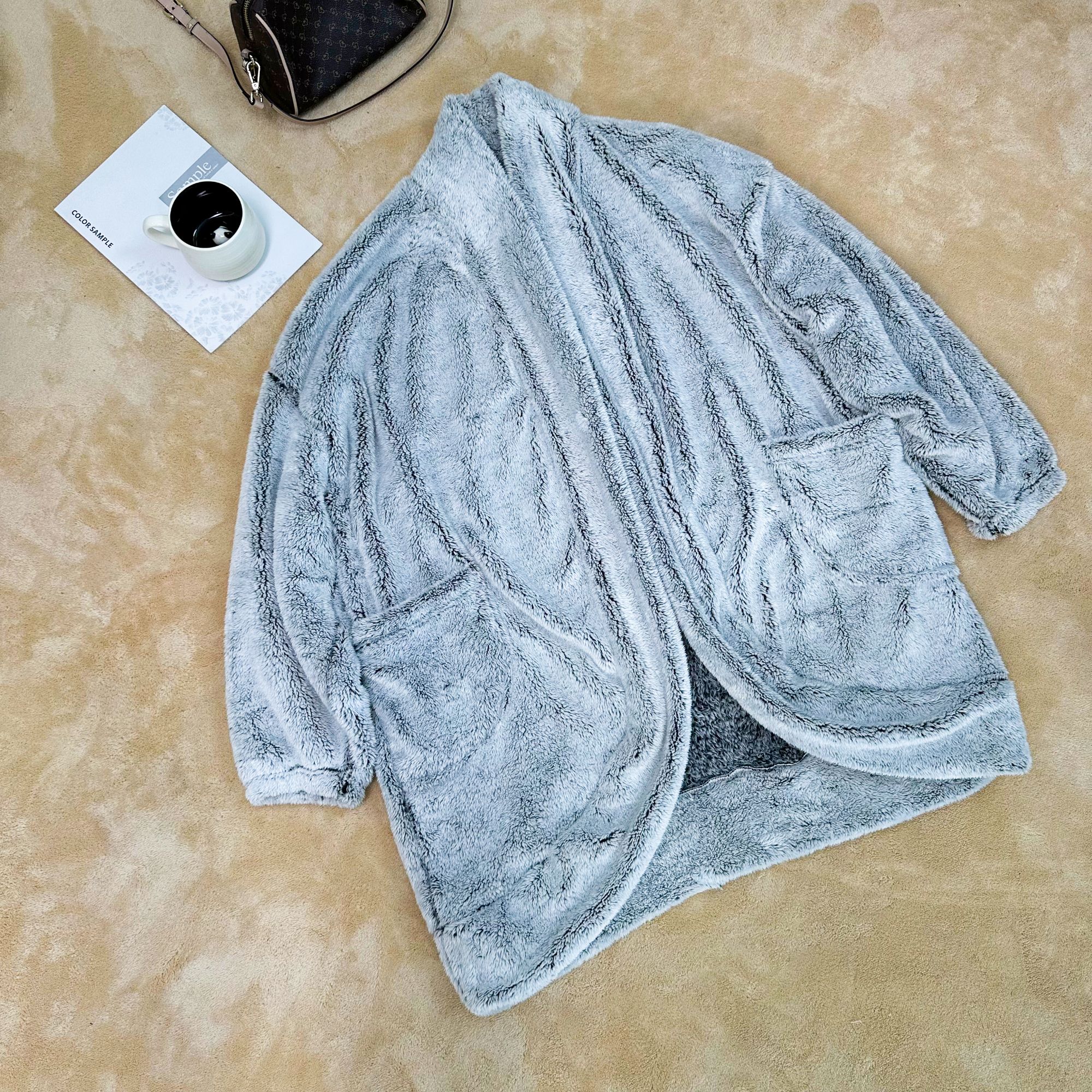 灰色长衫斗篷家居服宽松中长款加绒加厚保暖