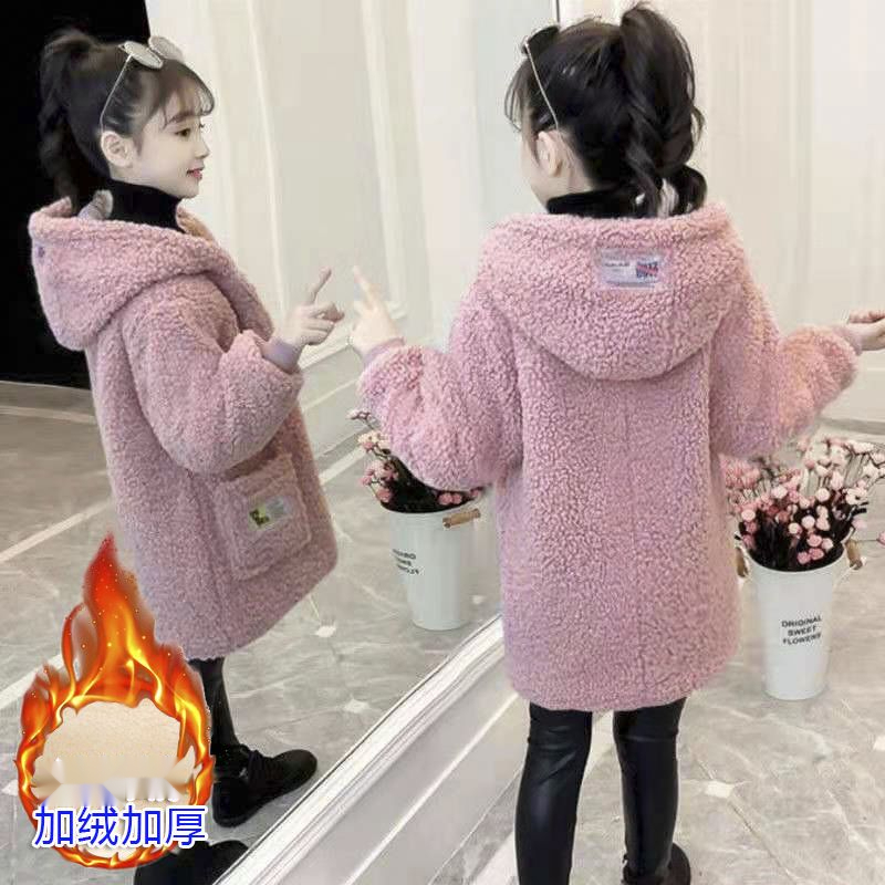 女童秋冬外套中长款2023新款韩版加厚加绒大衣中大童棉袄毛毛衣