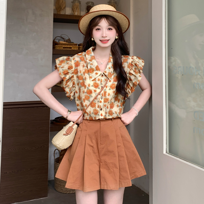 慕兔港风复古碎花短袖衬衫女2024夏季新款减龄设计感飞飞袖上衣