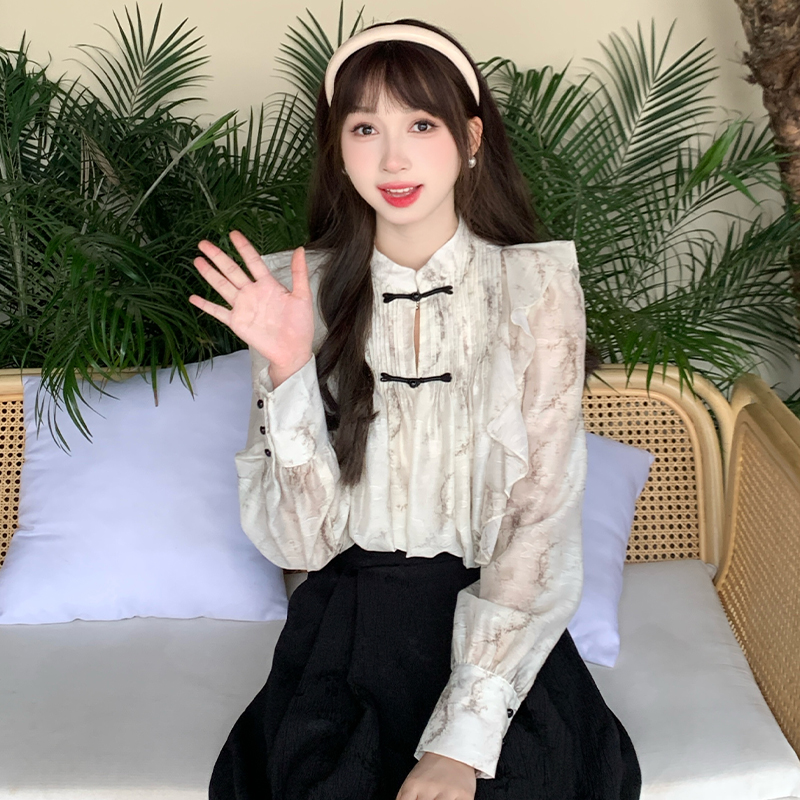 【现货】国风立领盘扣镂空设计感衬衫女2024夏季新款木耳边上衣