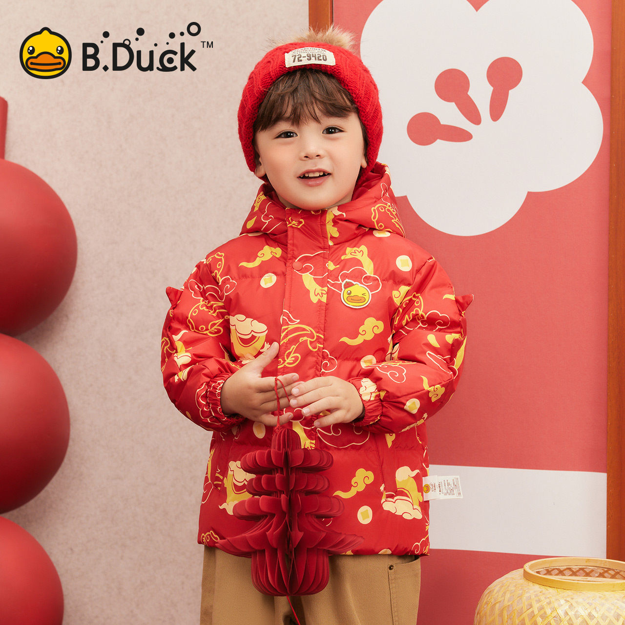B.Duck小黄鸭童装儿童羽绒服男童冬装红色拜年服2025新款女宝外套