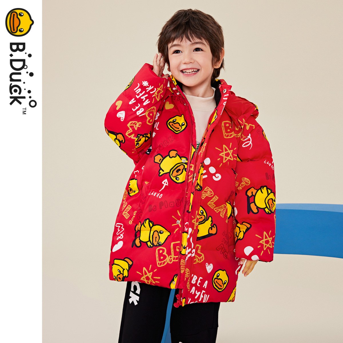 B.Duck小黄鸭童装男童羽绒服中长款冬季儿童加厚保暖外套满印冬装