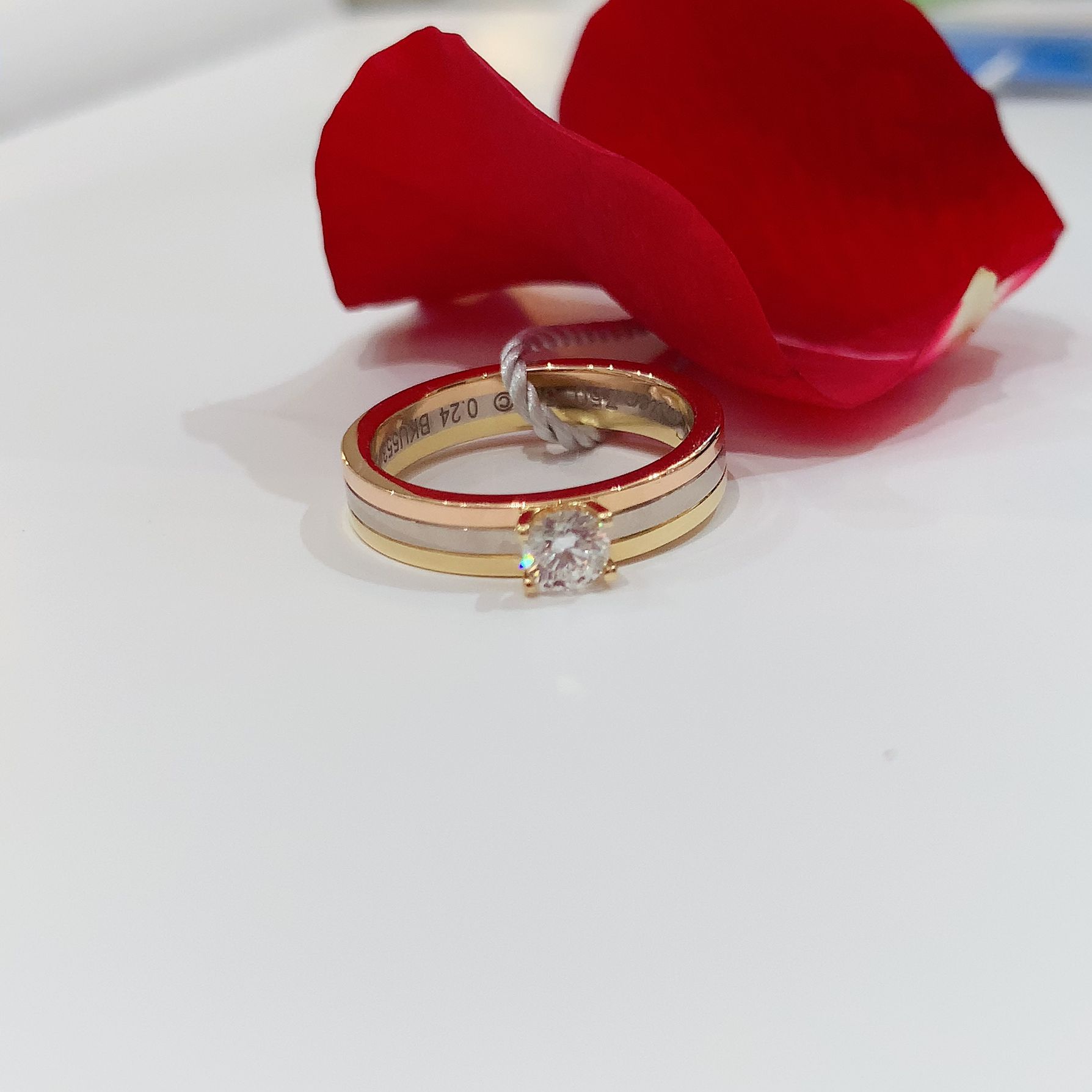 99新 Cartier/卡地亚 三色金单钻凸钻戒指/au750/#50卡地亚戒指