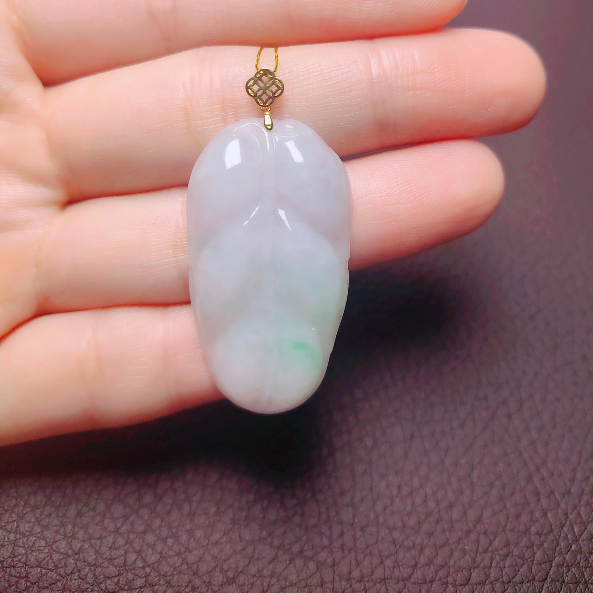 F037天然缅甸翡翠A货阳绿飘花叶子吊坠 扣头18K金镶嵌37.6*21*4.8