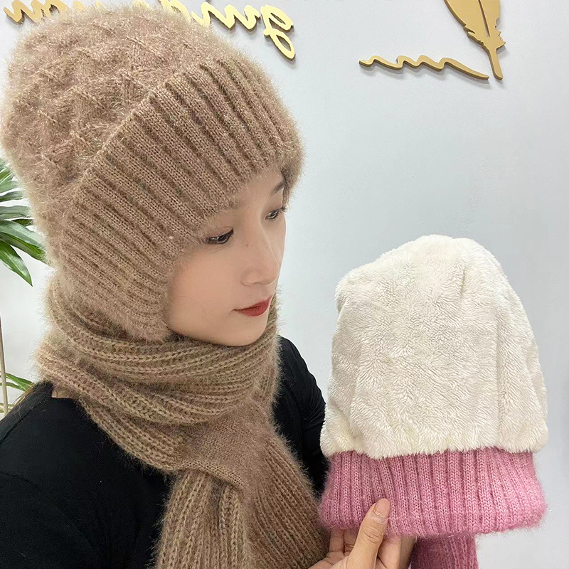 冬季帽子女手工针织毛线松鼠绒加厚加绒保暖抗寒风雪帽新款百搭