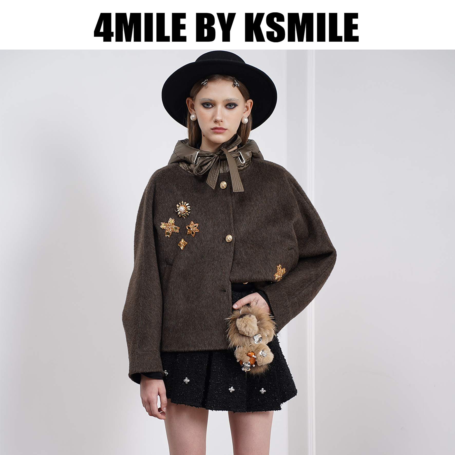 4MILE BY KSMILE | 向阳微光金色钉珠连帽羊毛冬季短款外套小个子