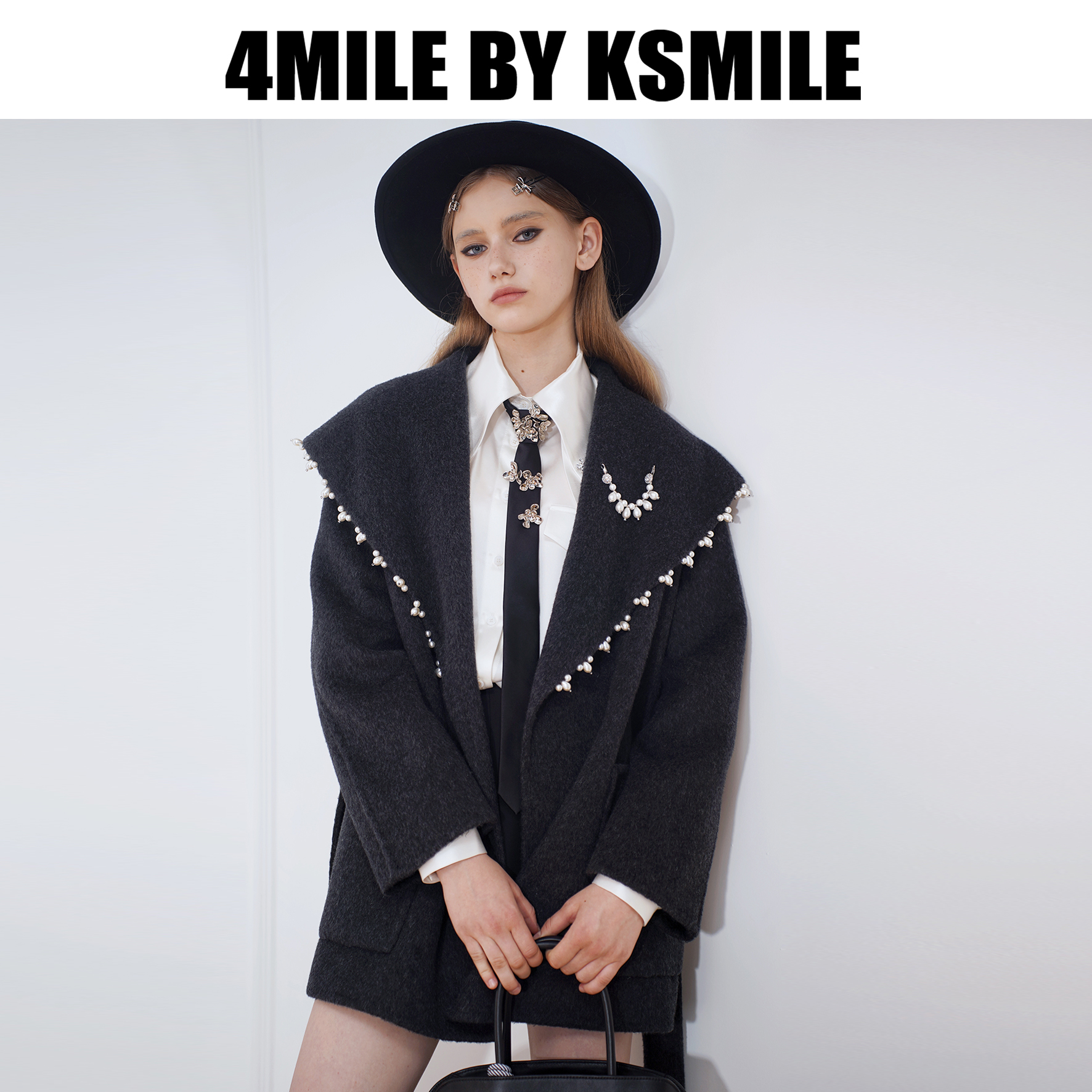 4MILE BY KSMILE | 雅丹风气质钉珠金驼色大翻领系带短款大衣