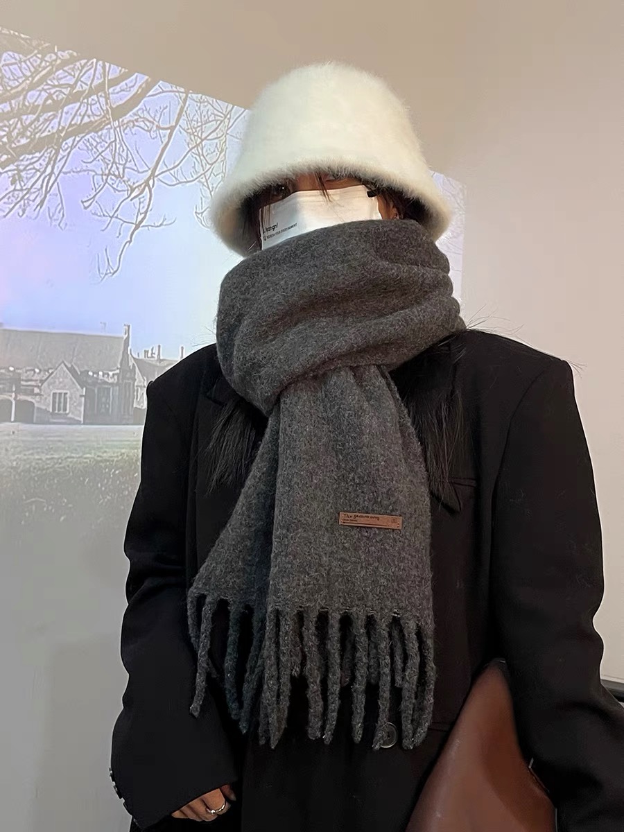 25S 韩版纯色海盐蓝羊毛混纺围巾女冬保暖加厚氛围感温柔新款围脖