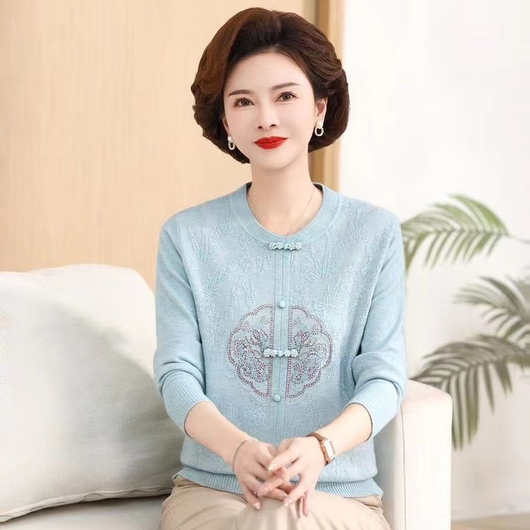 1002新中式妈妈装春秋新款毛衣针织衫长袖上衣中老年女装