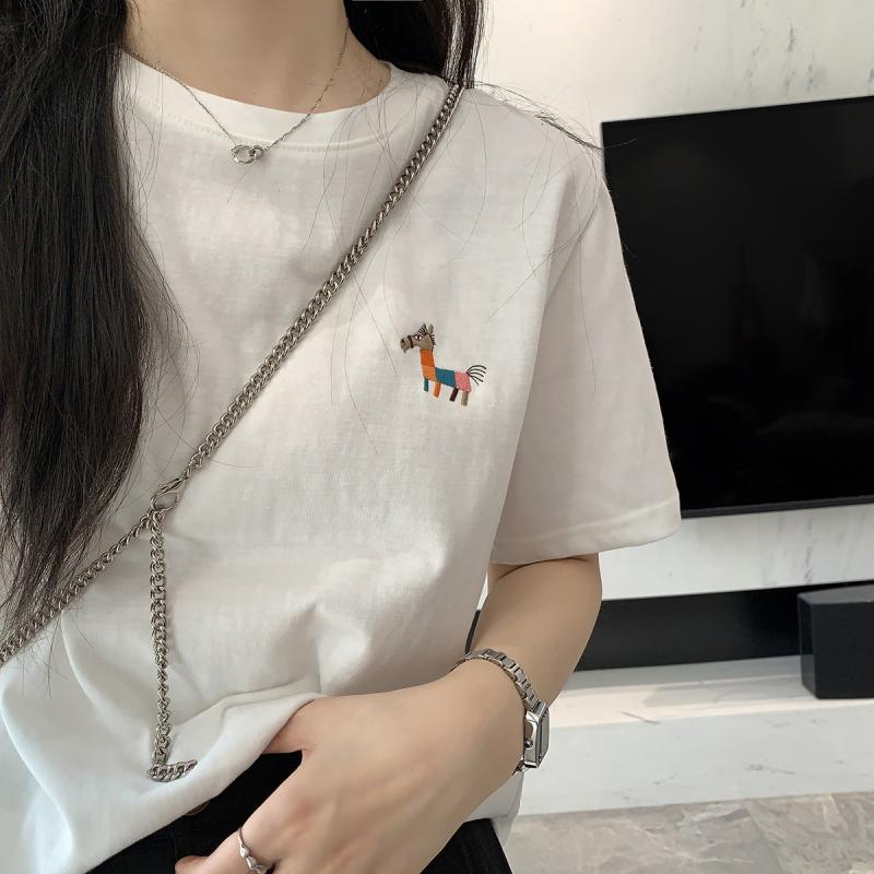 刺绣小马纯棉白色短袖t恤女2025新款学生大码宽松百搭情侣装男女