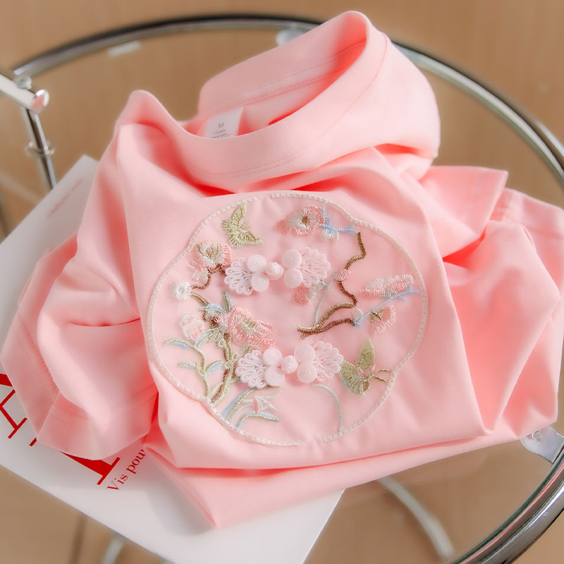 新中式国潮刺绣100%纯棉夏季圆领短袖T恤女士百搭中国风ins绣花