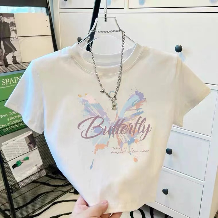 正肩纯棉短袖t恤女常规款高腰宽松上衣2025夏季新款宽松正肩体恤