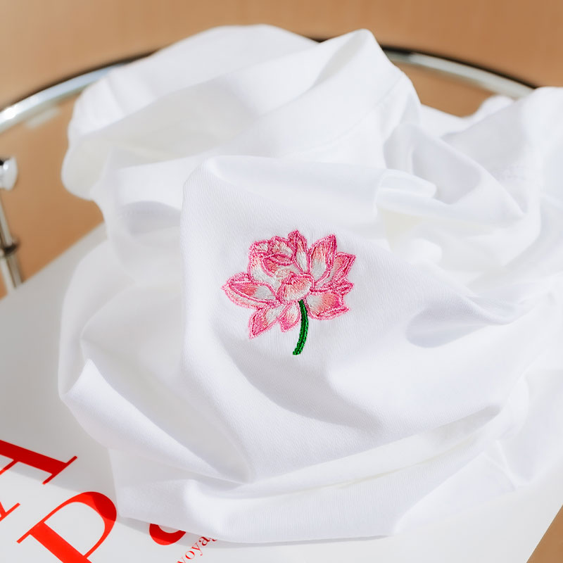 莲花100纯棉刺绣短袖t恤女2024夏季新款白色宽松百搭情侣装打底