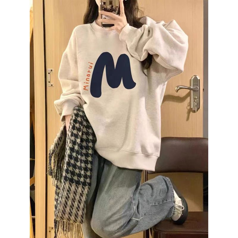美式hiphop圆领卫衣女秋冬新款加绒加厚宽松慵懒chic无帽外套上衣