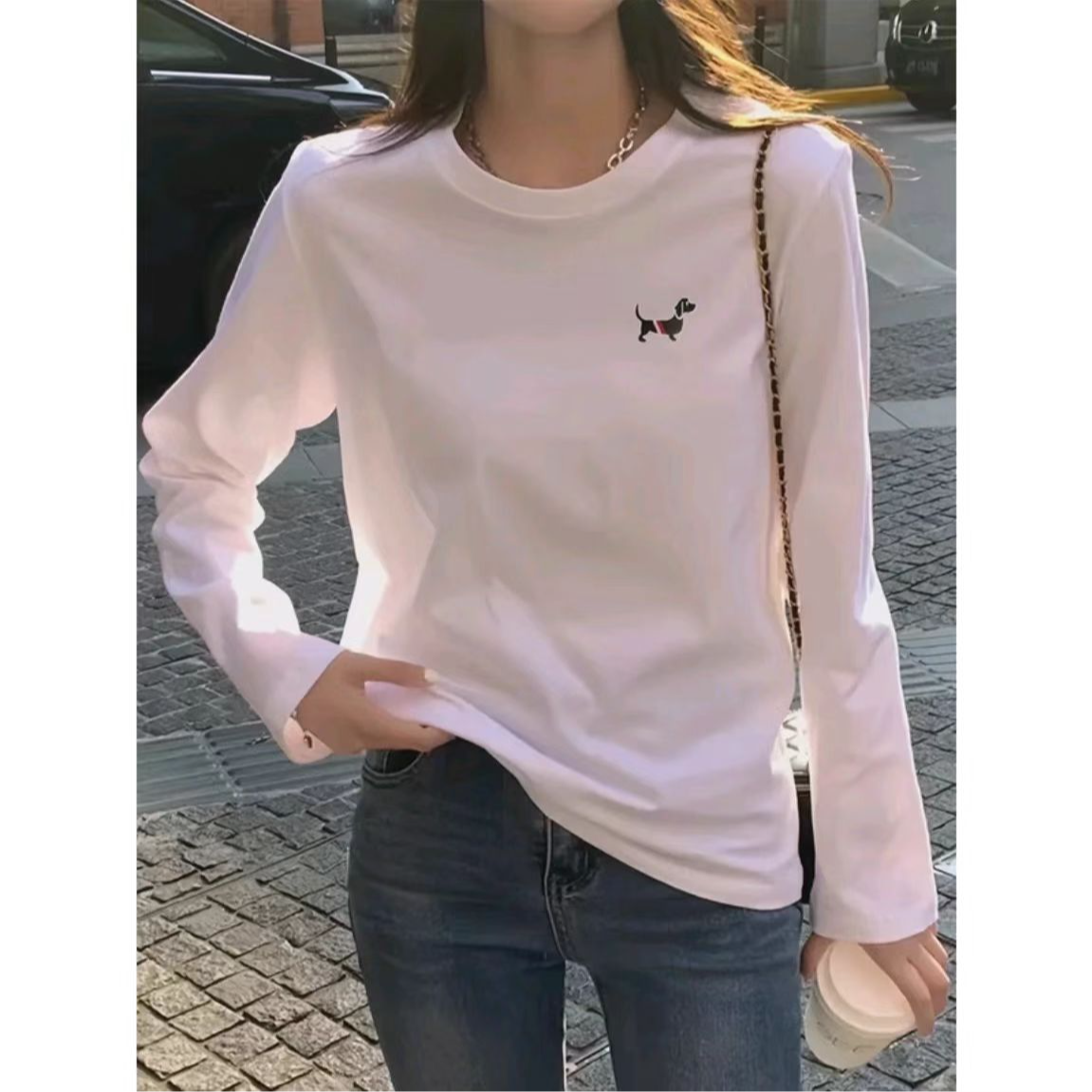 【刺绣狗】重磅潮流圆领白色时尚百搭ins宽松长袖T恤男女同款韩版