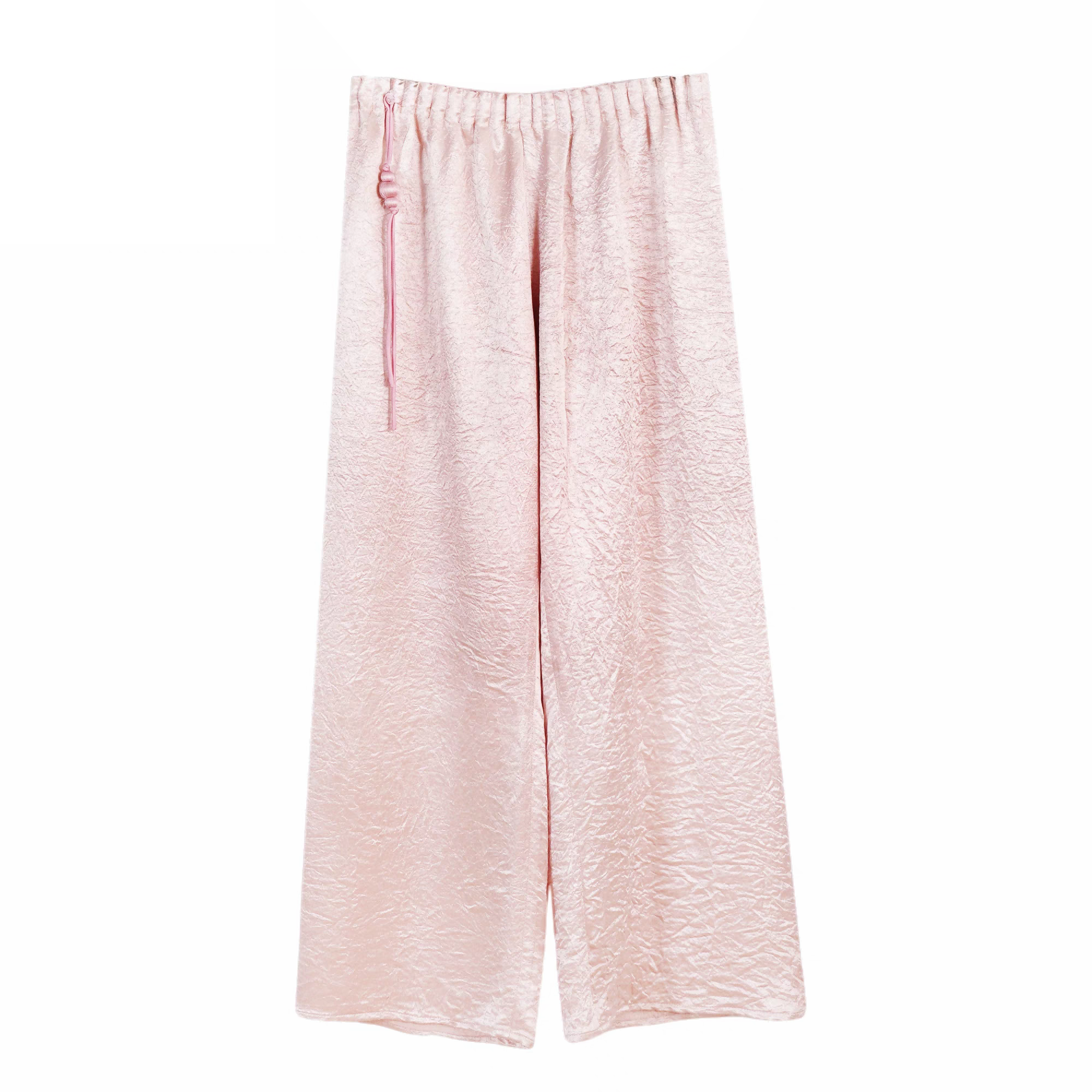 新中式醋酸葫芦盘扣压褶垂坠光泽感百搭时尚阔腿裤休闲宽松舒适