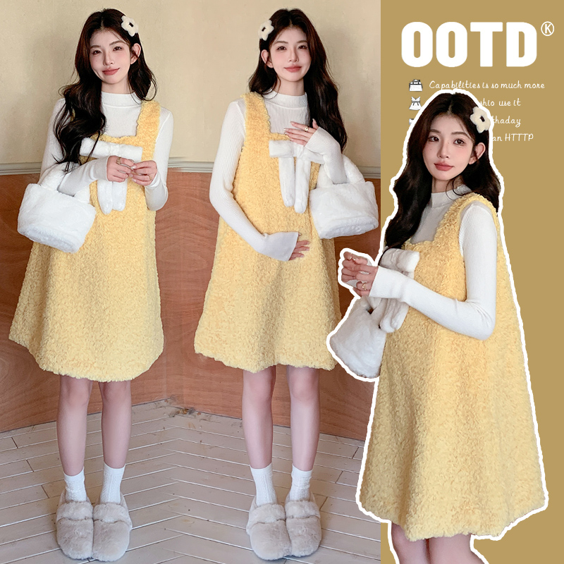 【雅美精选】孕妇装时尚秋冬韩系蝴蝶结打底连衣裙加厚搭打底两件套