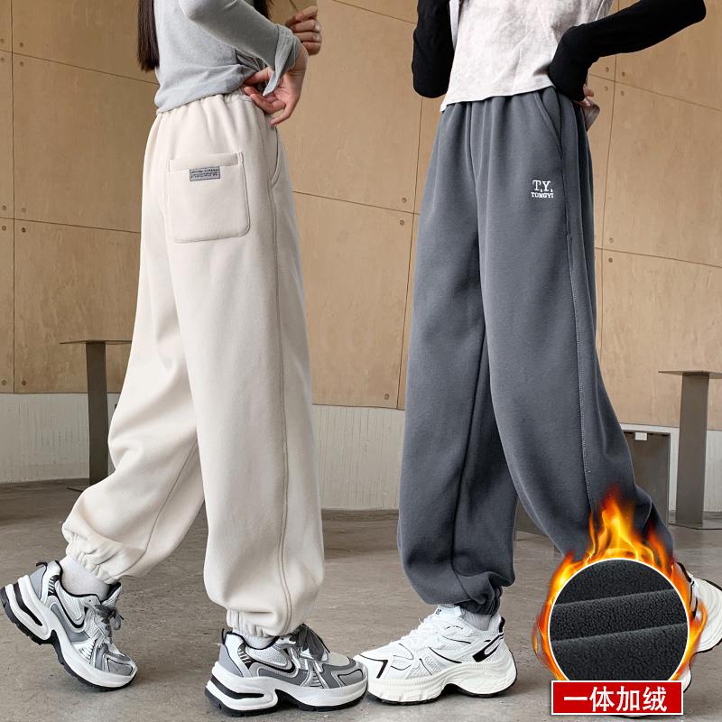 女童加绒运动长裤冬款大童裤子儿童女孩秋冬季一体绒加厚休闲卫裤