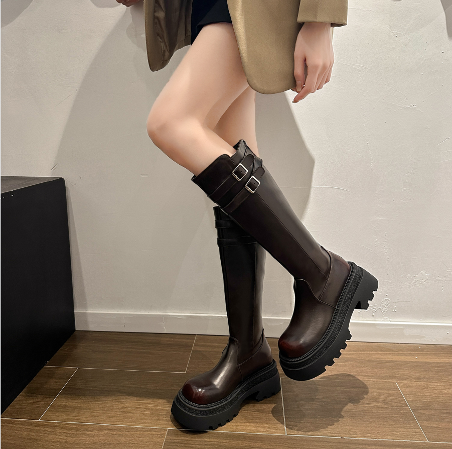 2厚底长筒靴女小个子2023秋冬新款复古美拉德长靴子高筒骑士