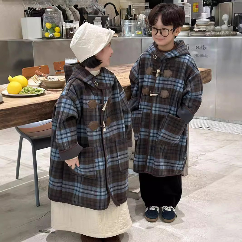 儿童呢子大衣秋冬女童韩系格子连帽一体绒大衣女童大衣中长款百搭