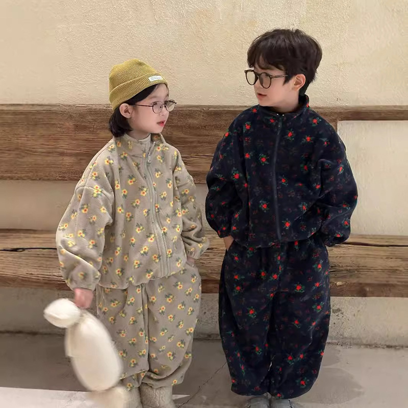 兄妹装儿童秋冬装套装男童韩版满印碎花上衣套装女童保暖两件套