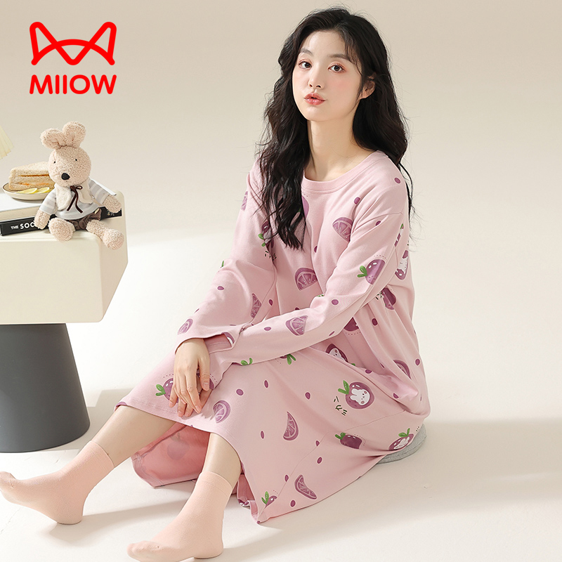 MiiOW/猫人带胸垫春秋季纯棉长袖宽松休闲大码印花女士长款睡裙
