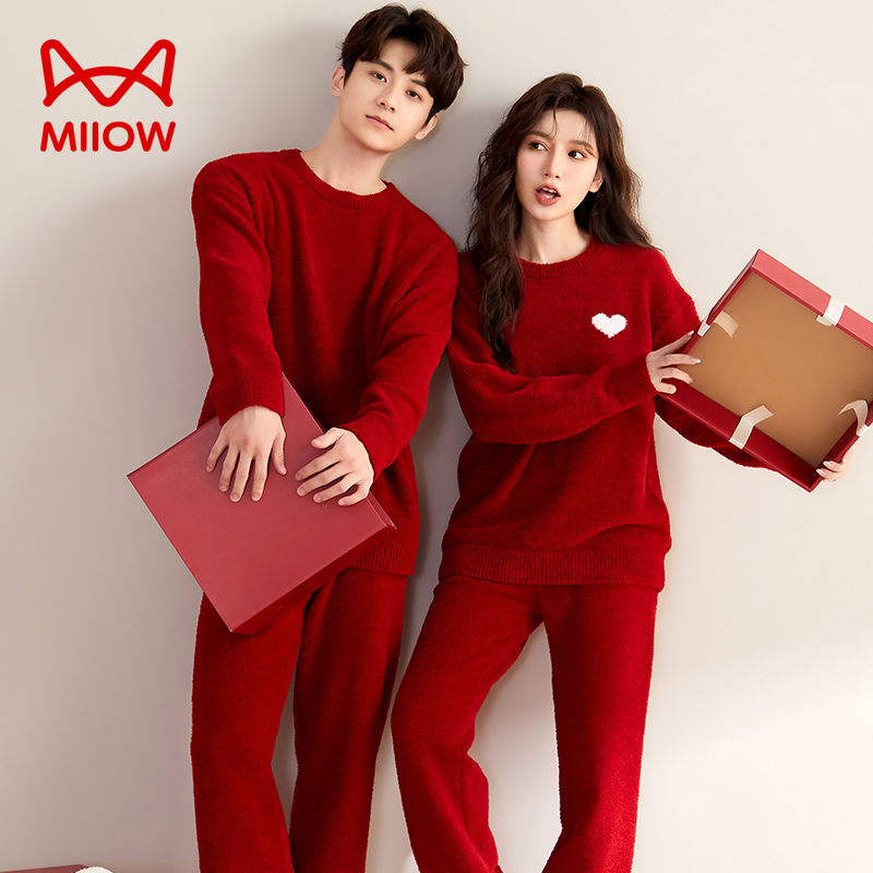 MiiOW/猫人秋冬新款情侣居家长袖红色圆领套头大码加厚保暖套装