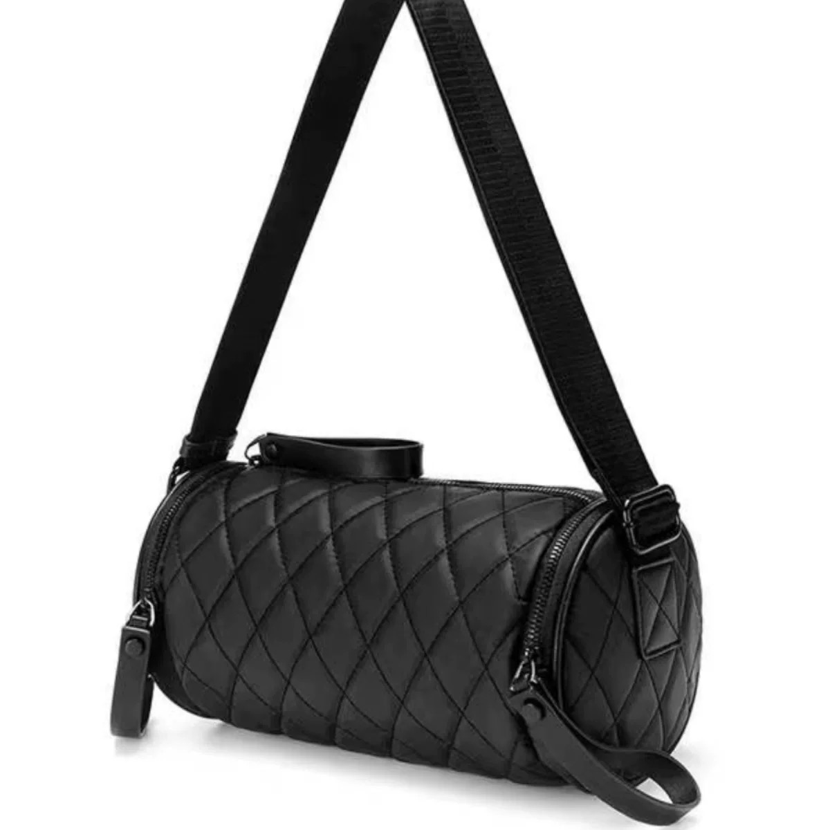 菱格圆筒包女斜挎2025新款潮洋气质感百搭半拉链水桶牛津布单肩包