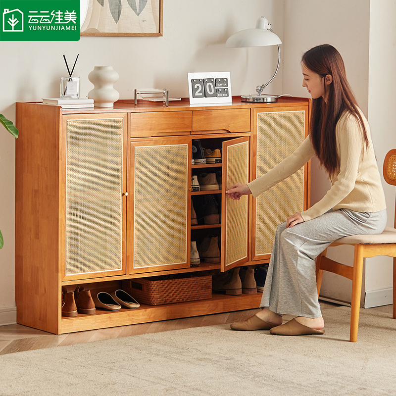 云云佳美全实木鞋柜家用大容量收纳柜樱桃木色藤编储物玄关柜透气
