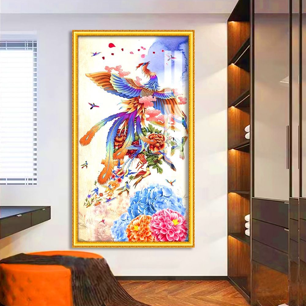 蒙娜丽莎皇室十字绣 百鸟朝凤 中国风吉祥竖版线绣手工装饰画