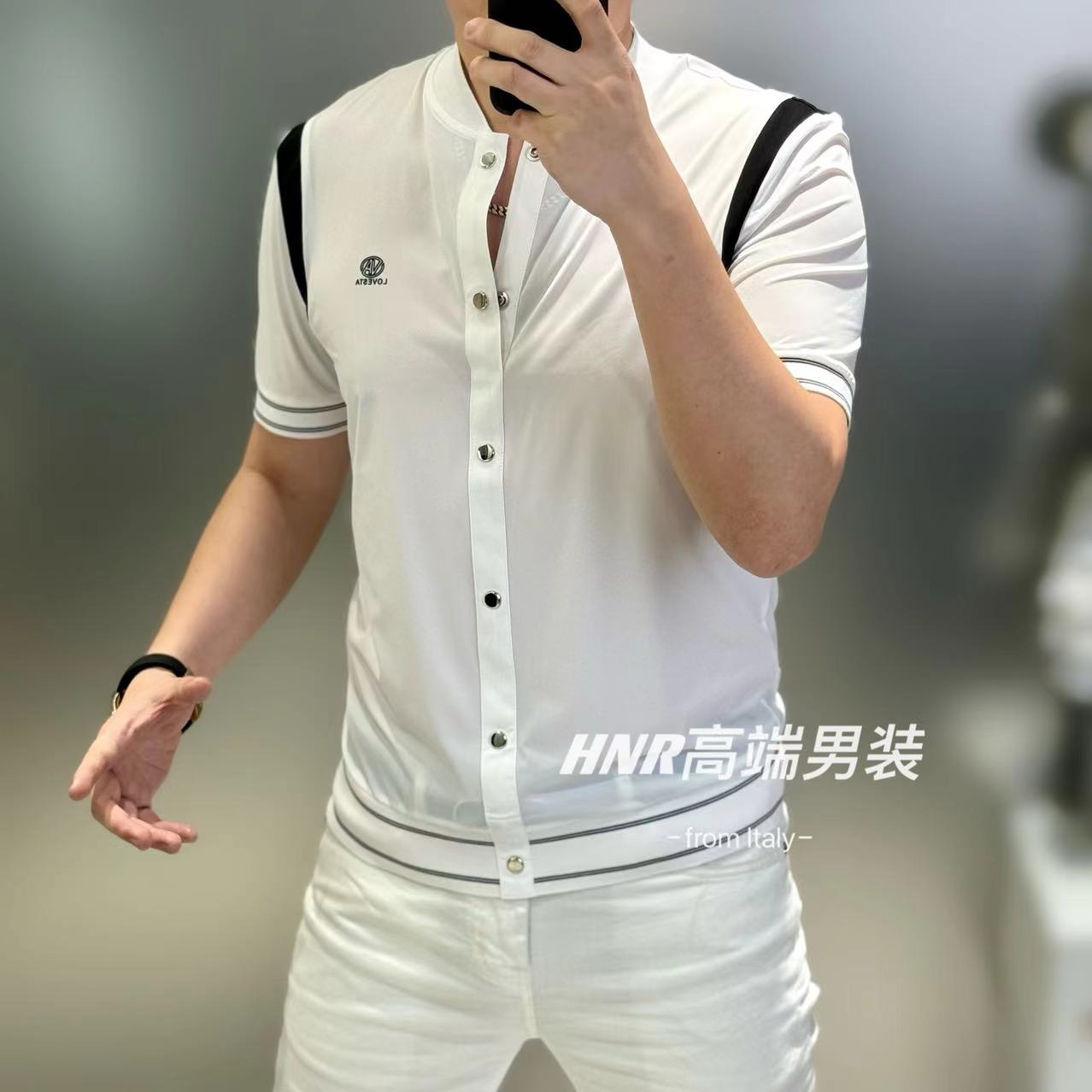 黑白拼接条纹设计新款高端男士夏季时尚休闲百搭短袖衬衫T恤DJ166